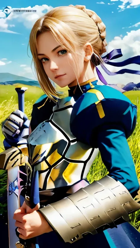 a close up of a person holding a sword in a field, artoria pendragon, fate grand order, fate / stay night, anime style like fate/stay night, fate stay night, detailed key anime art, fate/zero, fate zero, epic light novel art cover, armor girl, she is holdi...