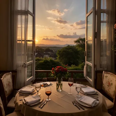 Romantische Tischdekoration mit Rosen und Kerzen im Restaraunt mit dem Blick auf den malerischen Sonnenuntergang und See 