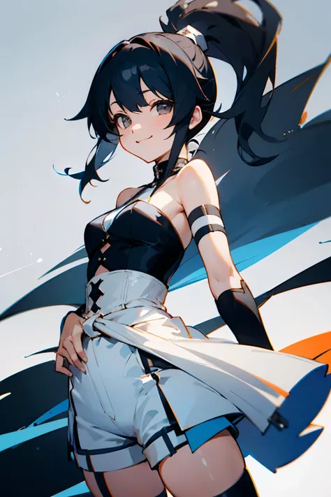 Flashy costumes，Shorts，black hair，ponytail，long hair that reaches waist，smile，Drooping eyes，Marume，White base，band pine，gothic rock，bare shoulders，garter ring