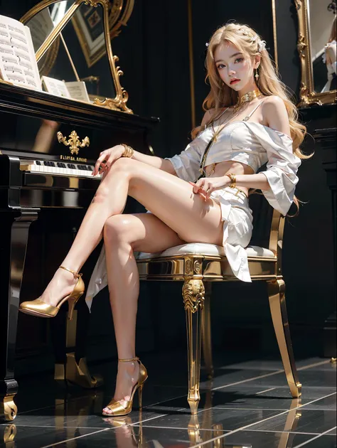 masterpiece, Extreme Quality, smooth skin, 8k, HD, 1 girl, blonde hair, black eyes, Gorgeous hairpin, white leather skirt, Gorgeous, Golden decoration, Solid gold leather high heels, Accessories, Play the piano, Black piano, white piano chair, The ground i...