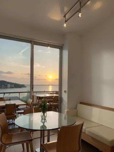 Moderne Tischdekoration mit minimalistischem Design und Glasaccessoires In teuerem Restaurant mit Blick auf den Sonnenuntergang und See