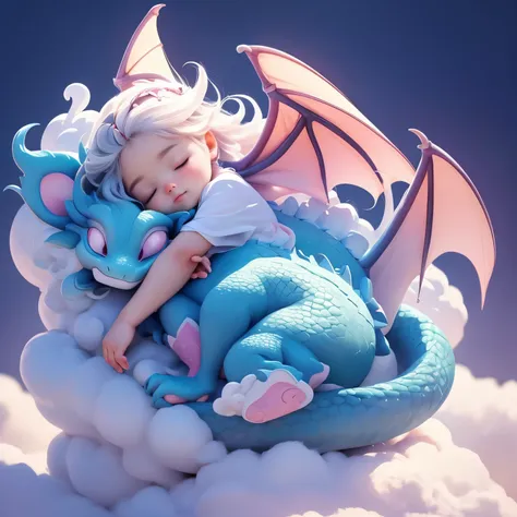 In the picture there is a baby sleeping on a cloud with a dragon. The dragon is blue and pink. and the background is white The baby is of Asian descent and is hugging the neck of a dragon. 3d digital art.