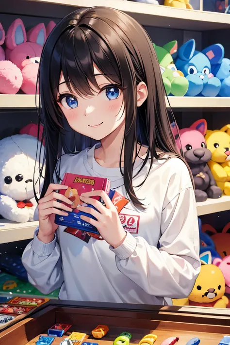 A girl looking into a stuffed animal picking game at a game center、sparkling eyes、smile、