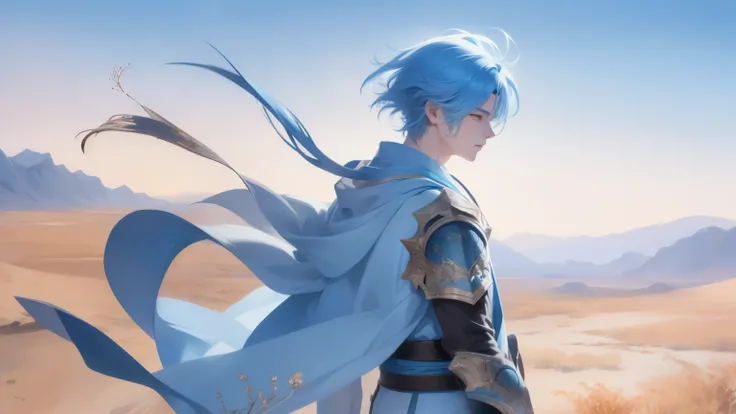  high quality, Super detailed CG illustration of a young man with a calm expression, stare into the distance，His striking light blue hair blew gently in the desert breeze. The landscape behind him is vast and stunning, Taking viewers into a world of wonder...