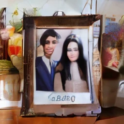 Two Indonesians consisting of a man (medium cut hair, oval and clean face, thin body) and a woman (beautiful, chubby round face) both dressed casually in an elegant and luxurious photo frame below that says "laia & hia". The photo frame is on the table, th...