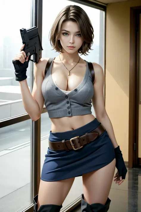 JillRE, jill valentine, 1girl, breasts, weapon, gun, skirt, cleavage, clothes around waist, blue eyes, fingerless gloves, gloves, short hair, zombie, blonde hair, watch, pencil skirt, sweater around waist, large breasts, holding, wristwatch, strapless, hol...