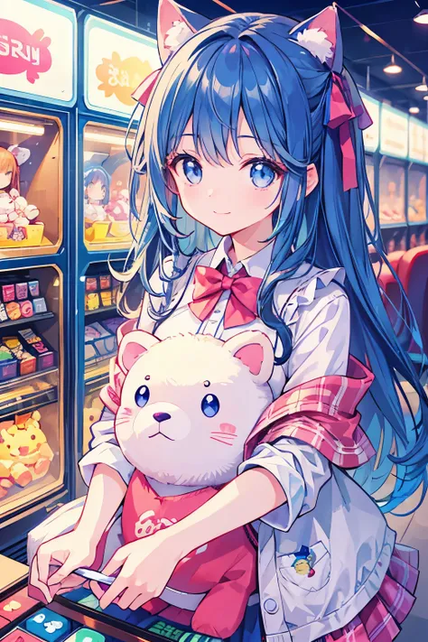 a girl looking into a stuffed animal picking game at a game center、sparkling eyes、smile、