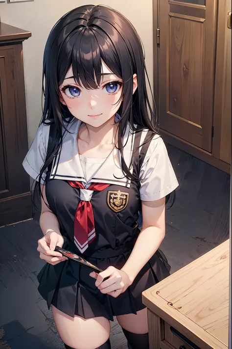 ((masterpiece)), ((best quality)), ((highest quality)), ((ultra-detailed)), ((8k cg wallpaper)), ((extremely delicate and beautiful)), ((illustration)), (high resolution), 1girl, school girl, black hair, smile, ((extremely beautiful detailed anime face))((...