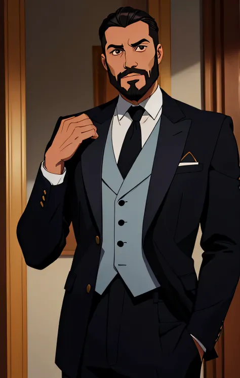 hacia arriba、Make a handsome man in his 30s in black suit and tie, Consejero delegado, brown hair and beard, (Hombre con traje negro y corbata), ), (Usa barba,) Aspecto atractivo y serio, cabello corto y oscuro, Elegante y con estilo, Afeitado ajustado al ...