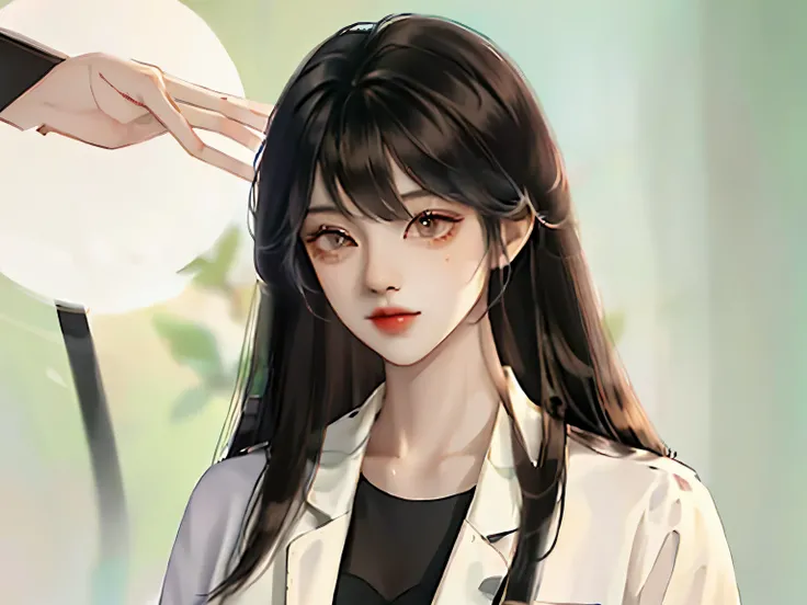 Black long hair girl with bangs and long white jacket/coat