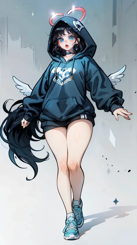 1girl, gyaru, angel halo, (fallen angel), earrings, curry hair, heart, (white and light blue), (too big hooded sweatshirt, over size), sneakers, expressionless, (unamused:0.4), open mouth, looking at viewer, (thigh:0.8), simple background, full body, (cybe...