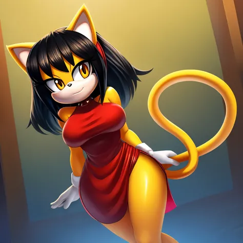 honey the cat, Red dress, amber eyes, black hair, tail, medium breasts, wide hips, 