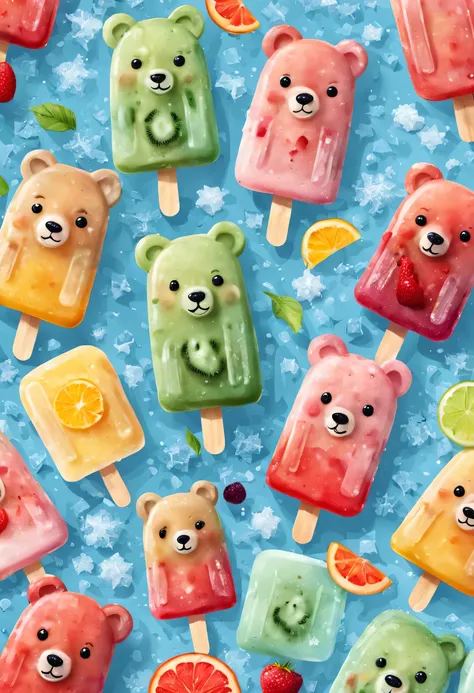 cartoon bear fruit popsicle，Cute creative popsicles，frozen texture,snow,ice cold,cold,Crystal ice,summer,Delicious fruits,color layout,Crushed ice,Refreshing
