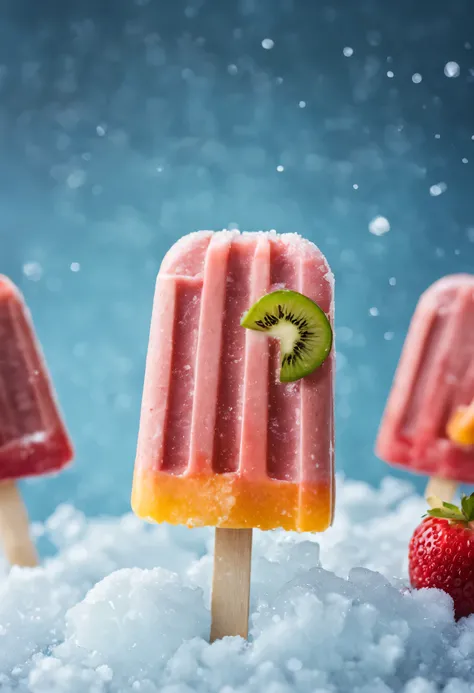 fruit popsicles，Cute creative popsicles，frozen texture,snow,ice cold,cold,Crystal ice,summer,Delicious fruits,color layout,Crushed ice,Refreshing
