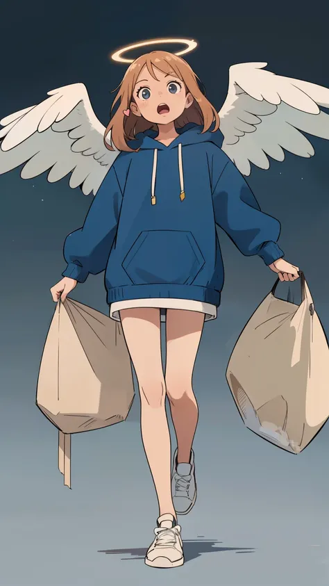 1girl, gyaru, angel halo, (fallen angel), earrings, curry hair, heart, (white and light blue), (too big hooded sweatshirt, over size), sneakers, expressionless, (unamused:0.4), open mouth, looking at viewer, (thigh:0.8), simple background, full body, (cybe...