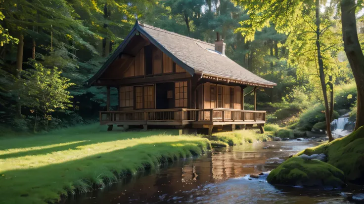 Wooden house by the stream in the forest under morning light
