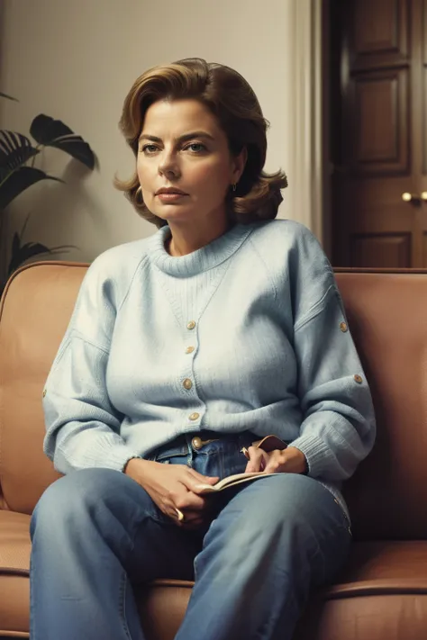 Huelva, Spain, 2002. ((((49-year-old)) Lola Ingrid Bergman)), in therapy, sitting on the sofa, ((sad expression)). ((((casual clothing from the 2000s, jeans and sweater)))), ((hairstyle of the 2000s))