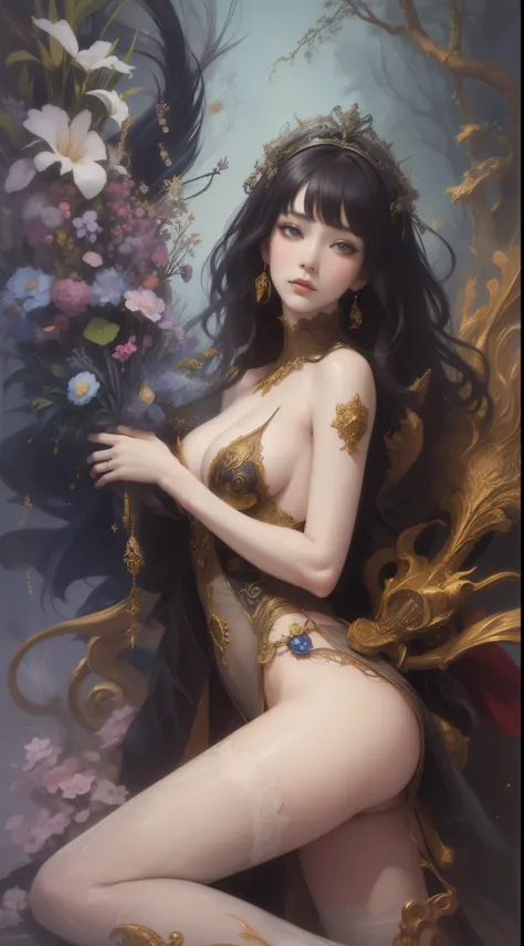 Nsfw gorgeous woman in colorful clothes,naked,,spread your legs,teeth,camel toe,like Klimt&#39;s work,Like Muchas work,Inspired by Klimt and Mucha,Bright and colorful tones,colorful hair,stylish,anime girl,fantasy,NSFW,Big breasts,nice,Glamour, inspired by...