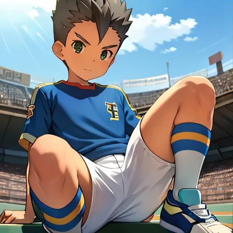 kid boy, 12 years old boy, wear football uniform, open widely leg, sit pose, front , football pant