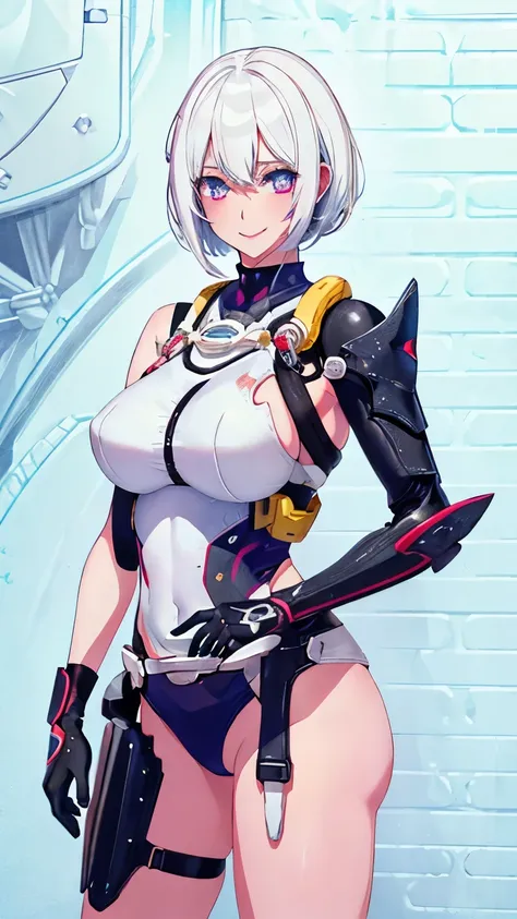 a beautiful girl，white short hair，white hair, Bangs, colorful eyes, goggles, Tonality, , ultra high definition, anatomically correct, textured skin, Super details, high detail, 4K，wear，，whole body，leg sling，big breasts，Sexy，Smile。