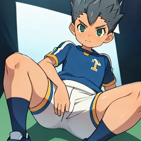 Kid boy, 12 years old boy, wear football uniform, open widely leg, sit pose, front , football pant, crotch bulge