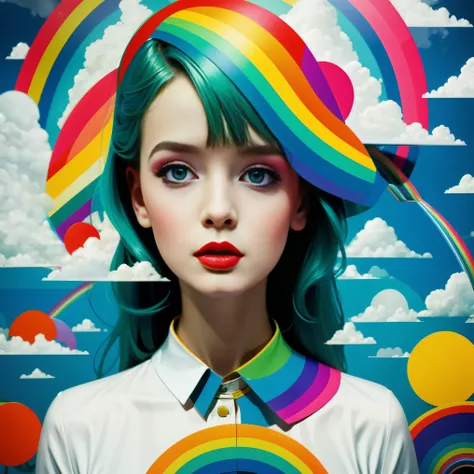 (masterpiece, best quality:1.2), 1 girl, alone，Abstract surreal colors, popular geometric surrealism, rainbow colored dreams