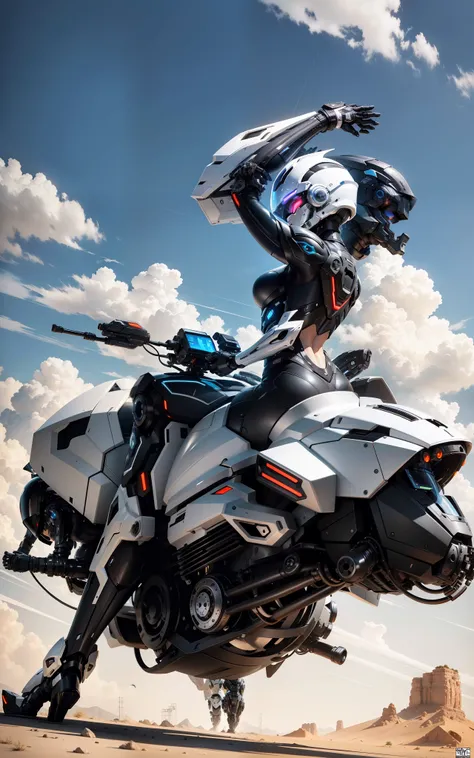 Handsome full body black mecha white short hair cyber handsome warrior, Black Cyber Mechanical Motorcycle, High-tech black full-face helmet, white short hair, nour, biology, MSHN people, High-tech helmet, Surrealism, steel, complex design, Crazy details, E...