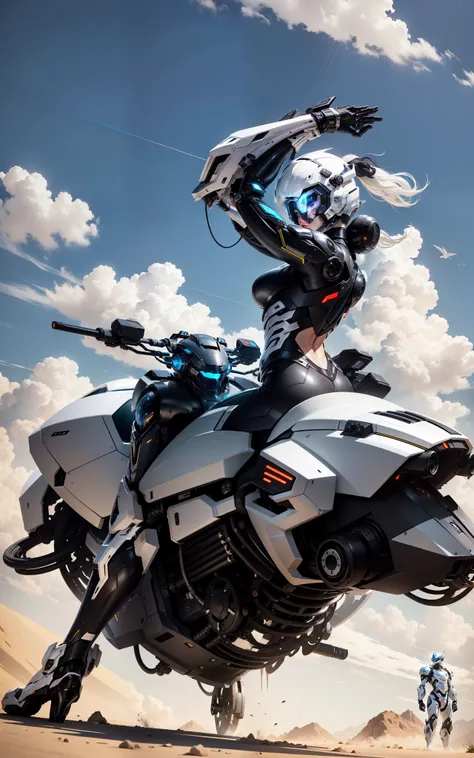 Handsome full body black mecha white short hair cyber handsome warrior, Black Cyber Mechanical Motorcycle, High-tech black full-face helmet, white short hair, Noor, biology, MSHN people, High-tech helmet, Surrealism, steel, complex design, Crazy details, E...