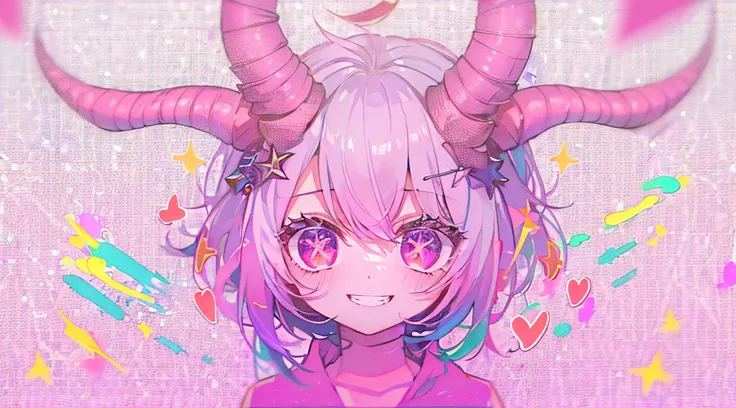 cute girl, with grin while eyes are squinted blushing, acid like effect, horns