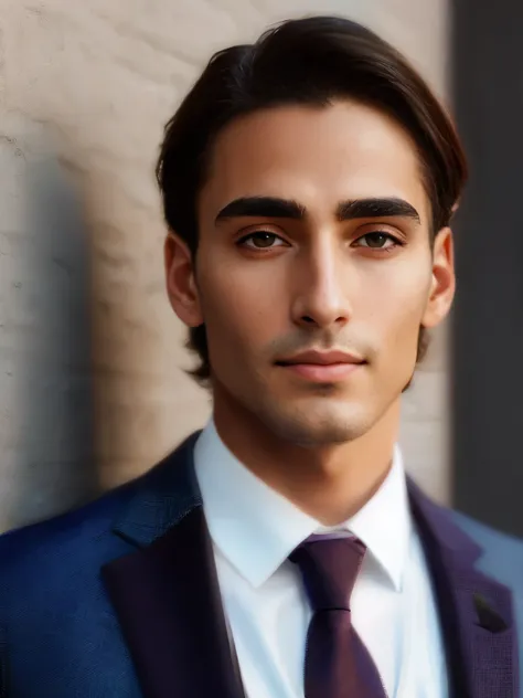 Arafed man in suit and tie, leaning against the wall, Brown suit, beautiful stunning realistic, beautiful and elegant, inspired by Ramon Pichot, Handsome man, thin man with light tanned skin, hyper realistic color photo, inspired by Maximilian Church, Digi...