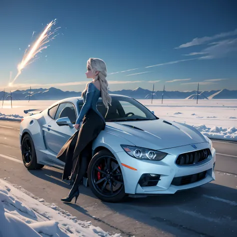 Elsa、beautiful, Elsa, frozen cityscape, high quality、Highway、(赤色の大型のチョッパーハンドルのバイクに乗る)、(ハーレー)、(アメリカンバイク)Driving with the front wheels floating at tremendous speeds、Exploding while cutting the wind