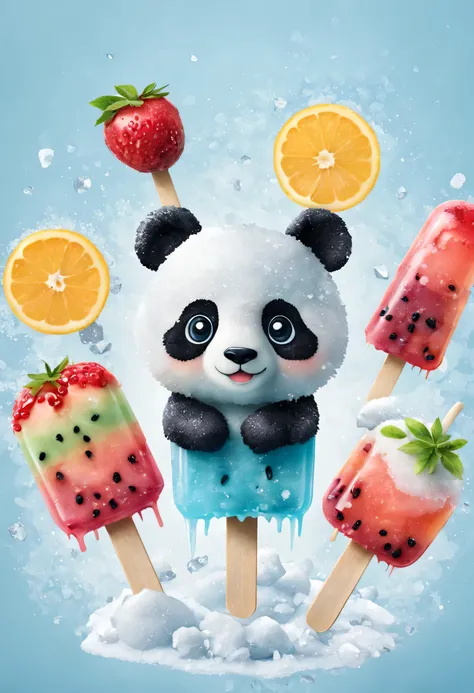 Cartoon Panda Fruit Popsicle，Cute creative popsicles，frozen texture,snow,ice cold,cold,Crystal ice,summer,Delicious fruits,color layout,Crushed ice,Refreshing
