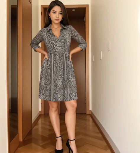 there is a woman standing in a hallway wearing a dress, completo corpo picture, usando vestido, completo corpo pictures, completo_corpo!!, wearing business casual dress, completo corpo wide shot, women completo corpo, completo corpo shot!!, completo corpo!...