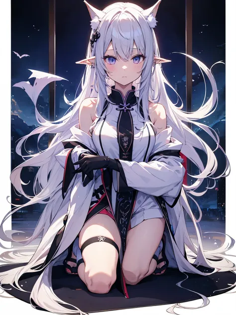 best quality person，master piece，final solution，Fluffy，非常にcolorfulな，colorful，night，暗いnightの背景，long flowing white hair，(dark elf+)，kneeling pose，mature woman，Black Pedal Socks，（heel sandals），normal posture，normal posture