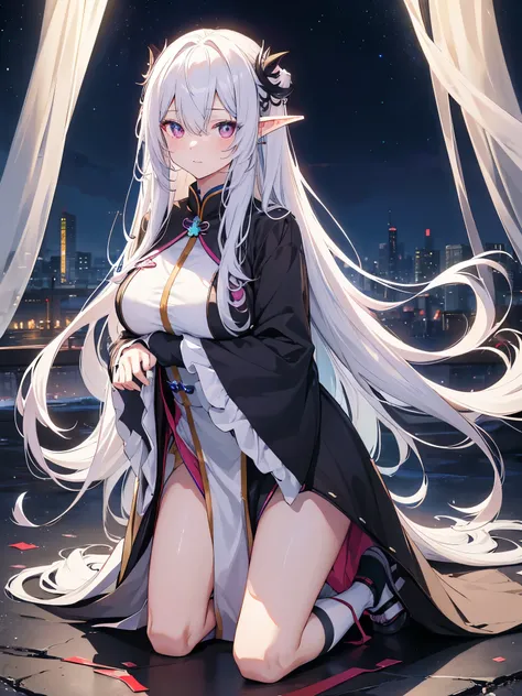 best quality person，master piece，final solution，Fluffy，非常にcolorfulな，colorful，night，暗いnightの背景，long flowing white hair，(dark elf+)，kneeling pose，mature woman，Black Pedal Socks，（heel sandals），normal posture，normal posture