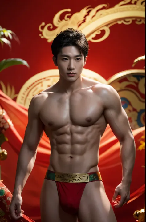 (photorealistic, masterpiece, best quality), handsome asian male, chinese man, young, slim athletic body, wearing only a loincloth, artistic and magical background, chinese mythology, lunar new year inspired, year of the dragon, reds and golds, fantasy art...