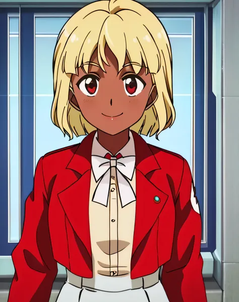 LISAVANETTA,1GIRL,BLONDE HAIR,SHORT HAIR,DARK SKIN, 1girl, solo, upper body, facing viewer, (looking at viewer:1.5), in the center, smile, RED JACKET,WHITE COLLARED SHIRT, WHITE SKIRT,