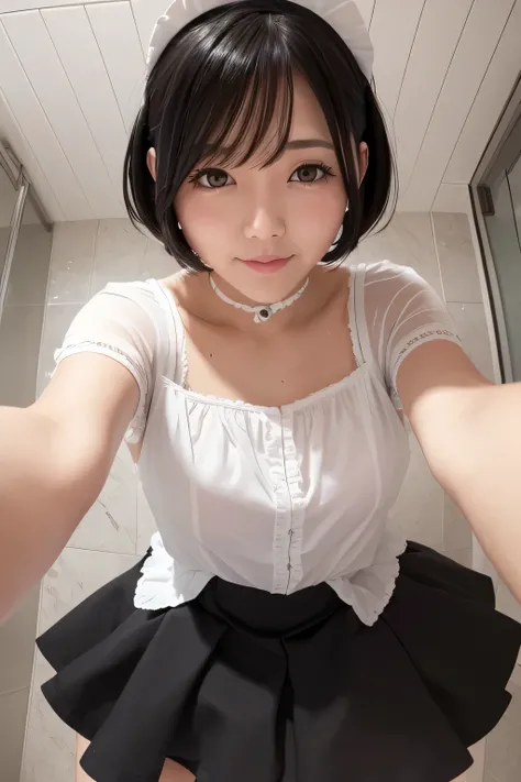 mini skirt、whole body、Image looking up from below、taking a shower、one beautiful maid、short black hair