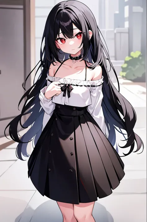 1girl, black hair, white_hair_streak, long hair, {red_eyes}, {off_shoulder}, {medium breasts},teengirl, slenderwaist, clothes_down, small_medium_face,{sharp eyes},sharp_faceoff-shoulder_shirt,hip_vent,bishoujo, with bangs,full body