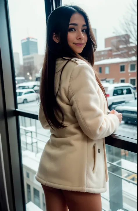 Woman, long hair, Latina, freezing weather, cold weather, looking from the Marriott hotel window, beige puffy jacket, ((no pants)), smirk