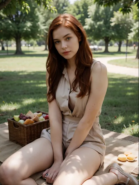 Beautiful redhair girl, wearing jumpsuit on picnick on park