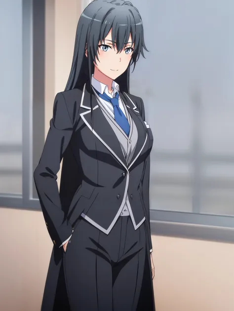 Yukinoshita Yukino ,A woman wearing a formal, attractive coat stands in a large gap in the room , 1girl, Single, blue necktie, Black hair, Blue eyes, long hair, He smiles , Collared shirt, White pants, White shirt , Elegantly designed coat , Stand in front...