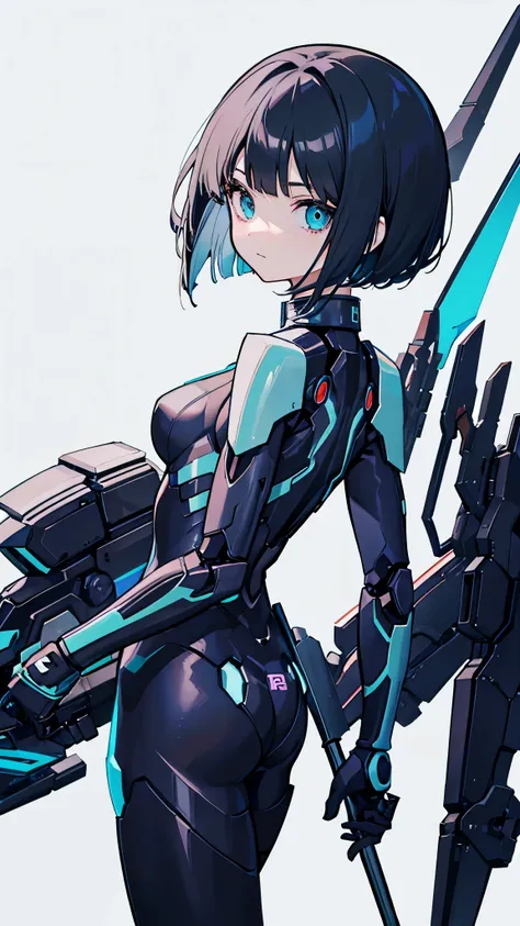 simple background,mecha girl,bob cut,Black blue hair,aqua_eyes,全身图，光翼