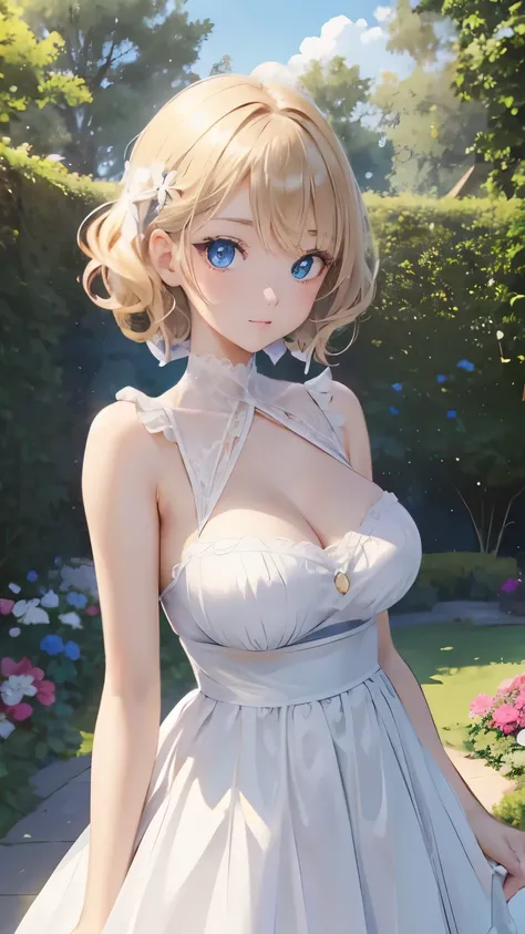 (masterpiece:1.2), (highest quality:1.2),, Curvy but slender body, perfect eyes, perfect face, perfect lighting, 1 girl, in the garden, （whole bodyが見える），（wearing a ribbon），（ruffle dress），（Exposed），（smile），（standing position），（garter），curly hair, Fine cloth...