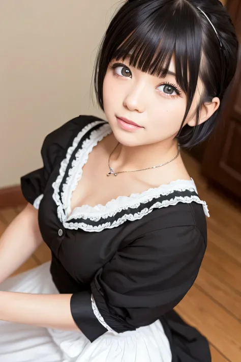 In maid clothes 、one beautiful maid、short black hair、hair ornaments、indoor