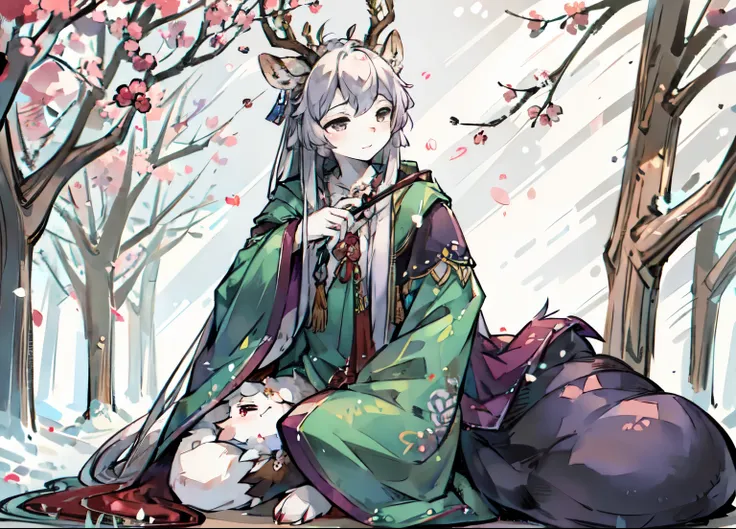 Ink style，a white deer，antlers，plum tree，Plum petals，plum blossom branch，sit on the floor，双手托着一份pergaminhos，green shirt，Long cape，A flowing cape，Hold a brush，pergaminhos，Lovely Shota，Flute in hand，Musical instruments next to him