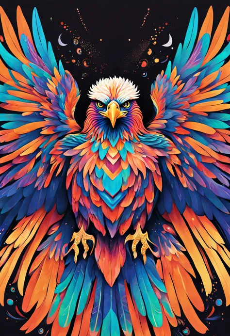 Une magnifique peinture d&#39;un aigle magnifique et texturé dans le style et les détails de dessin sami, et dans le style psychédélique, couleurs flashy. Rester dans l&#39;univers Sami