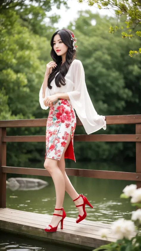 alone, Masterpiece, best quality, Highly detailed, exquisite details, depth of field, Full body photo of a beautiful Asian woman of Chinese descent, single eyelids, smooth, white skin. Chinese style makeup Black eyeliner, red lips, wearing a red cheongsam ...