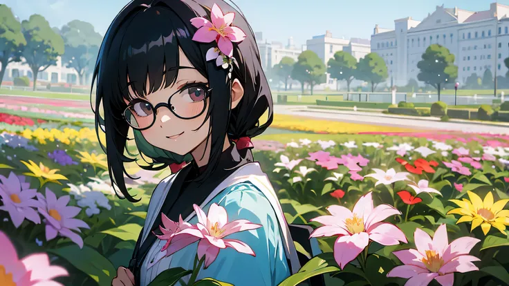 flower garden,anime girl,Glasses,black hair,clear,smile