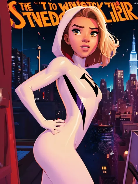 (((A comic style, cartoon art))). ((1girl, solo, lonly)).(masterpiece, best quality), intricate details, 1girl, 16yo, Spider-Gwen, white suit , animification ,eyebrow piercing 3DMM,  ((New York City background )) , vivid colors, detailed, detailed face, re...